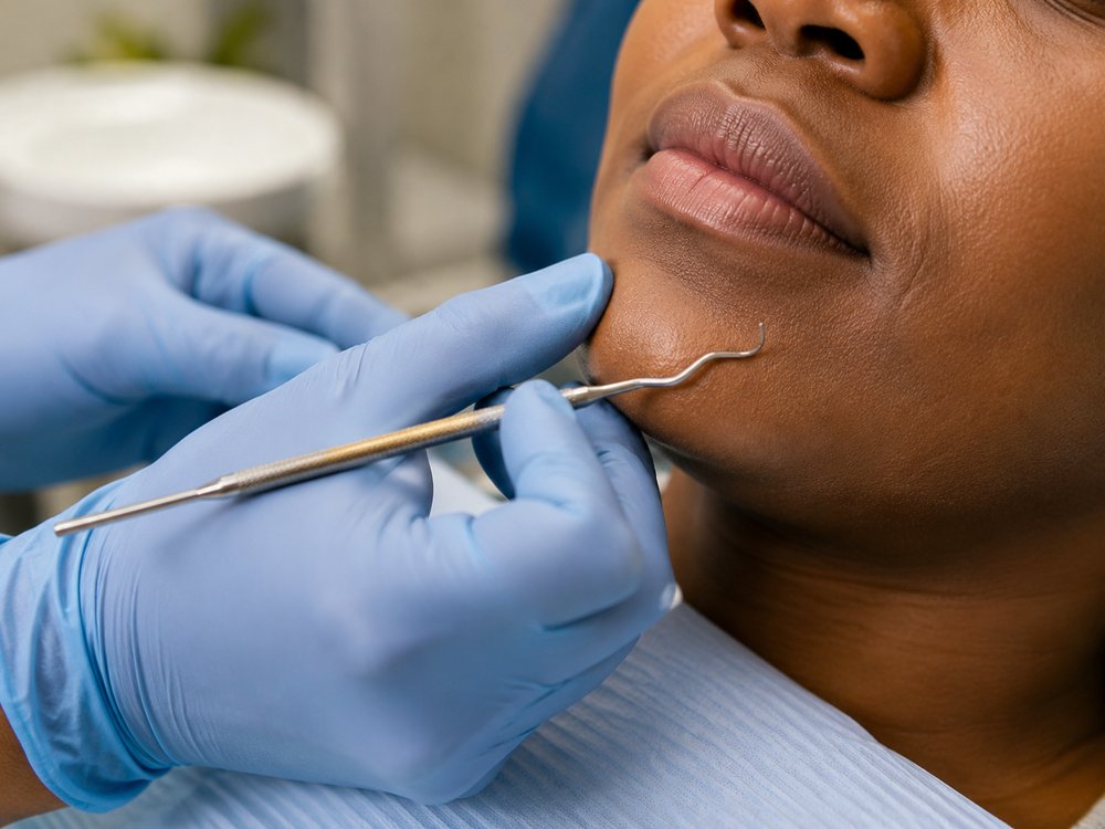 Close-up of gentle dental care — gloved hands and a dental instrument at a patient's mouth